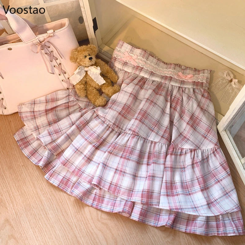 Japanse Zoete Lolita Stijl Mini Rok Vrouwen Kawaii Leuke Kant Strik Geruite Rok Vrouwelijke Zomer Mode Y2k A-lijn Taart Rok