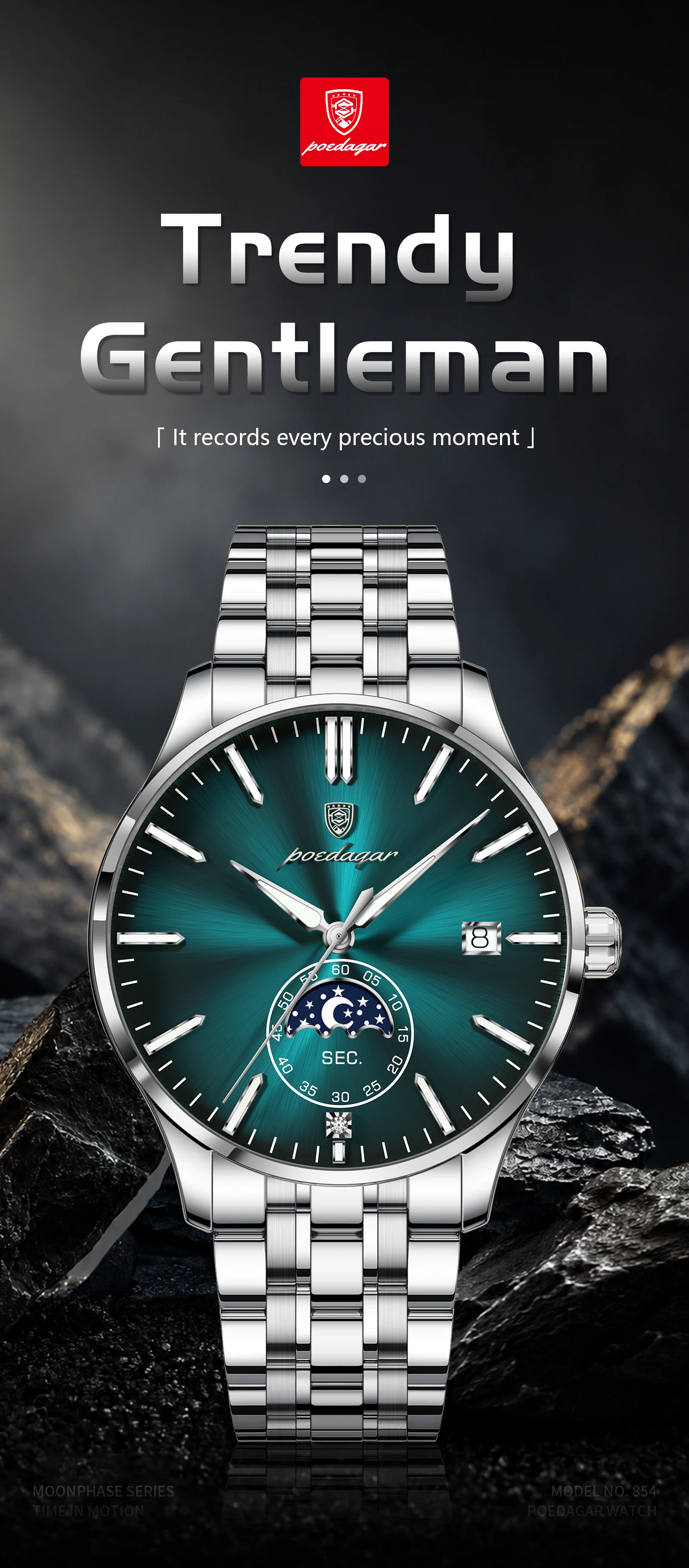 POEDAGAR Top-Luxus-Herrenuhr, Casual Edelstahl Quarz Herren-Armbanduhr, Wasserdicht, Leuchtend, mit Datum, Modische Herrenuhren Reloj – Detail 2