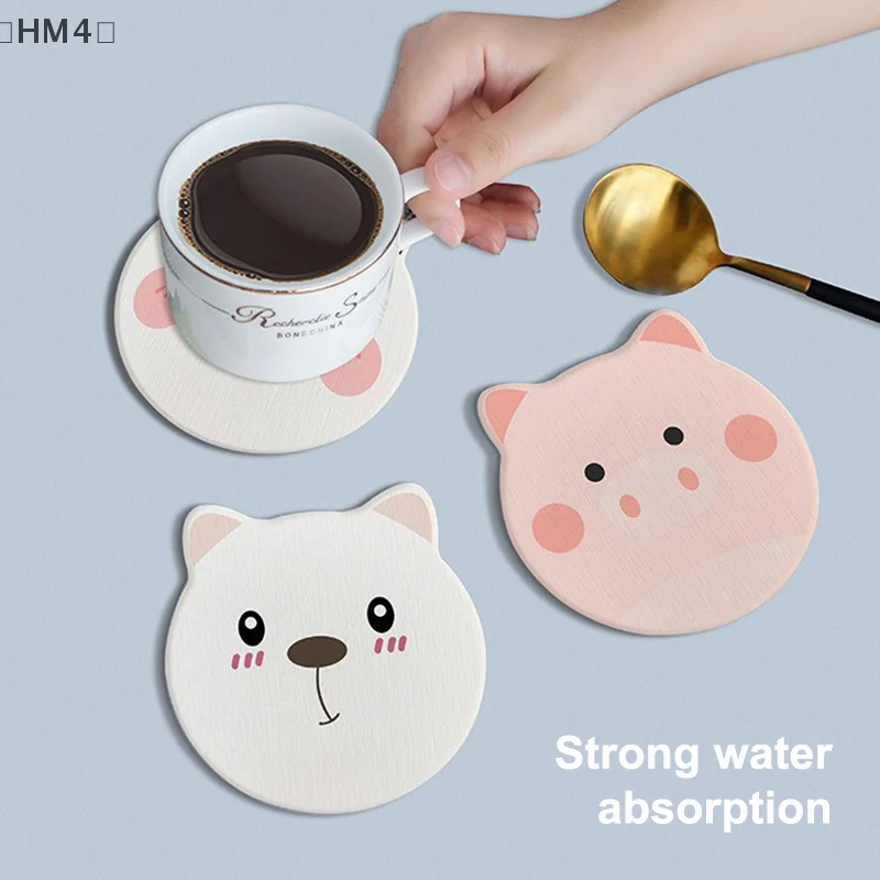 

〔HM4〕Cute Animal Coaster Diatomite Circular Water Cup Mat Heat-insulating Anti Slip Kitchen Water Absorbing Mat