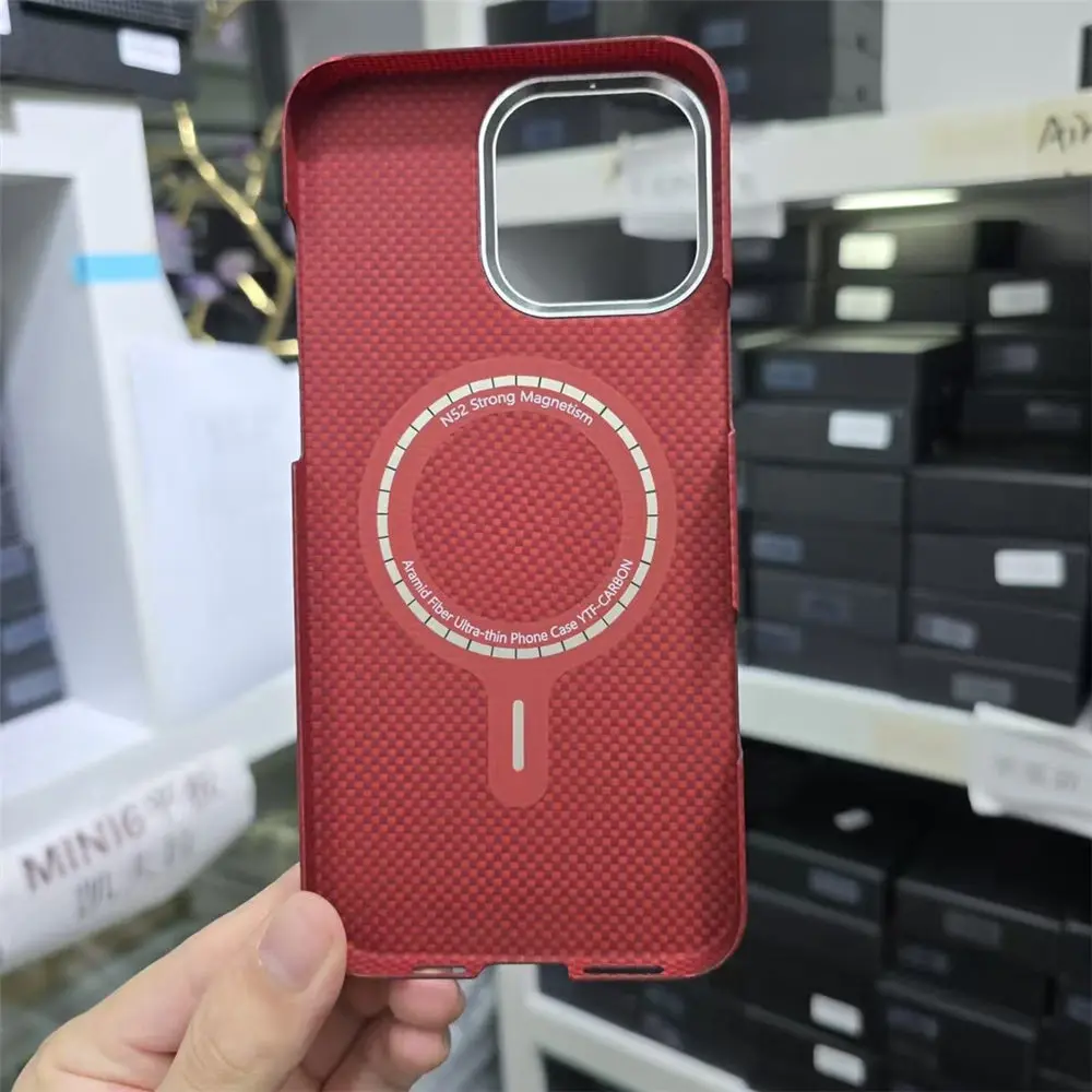 Magnetic Genuine Carbon Fiber Aramid Case for iPhone 15 16 Pro Max Chinese Red Magsafe Cover