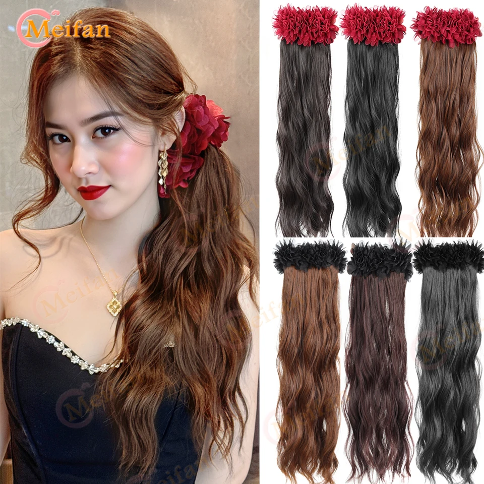 

﻿ Banana Clip Long Wavy Ponytail Synthetic Clip in Hairtail Extension Fluffy Black Ponytail Wig with Red Flower Hair Accessorie