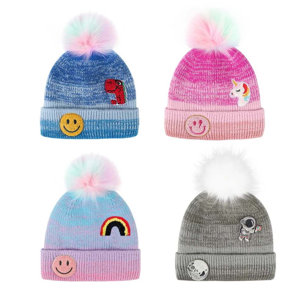 

Colorful Pink Blue Winter Hats for Children Beanies Boys Girls Winter Caps Fur Pompom Thick Warm Double Layers Plush Lining