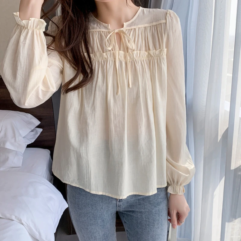 Long Puff Sleeve Shirts Women Pleated Lace-up Gentle Spring Female Baggy Solid Tops All-match V-neck Simple Sweet Students Soft