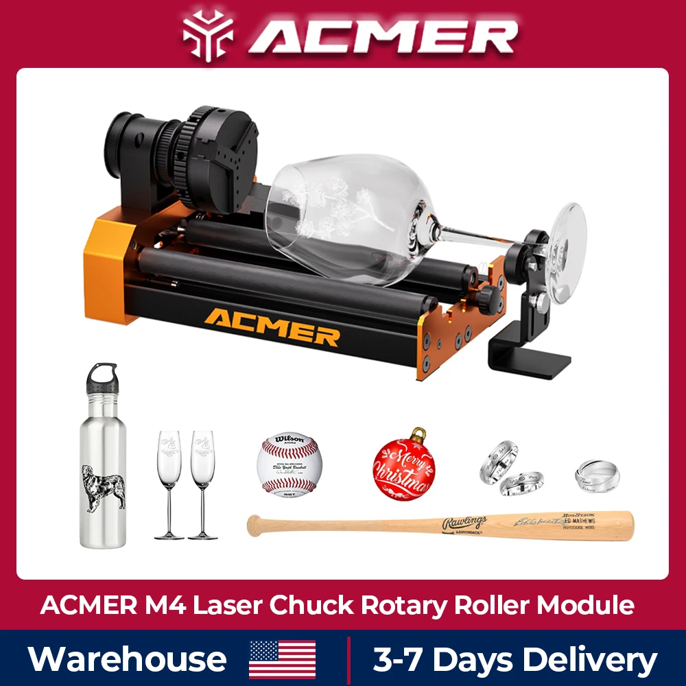 ACMER M4 Laser Chuck Rotary Module Y Axis Rotary Roller for Laser Engraver Machine Clamp Diameter 3-150mm Curved Surface 3-Jaw Suitable for Engraving Objects Spheres Rings Bottles Cans