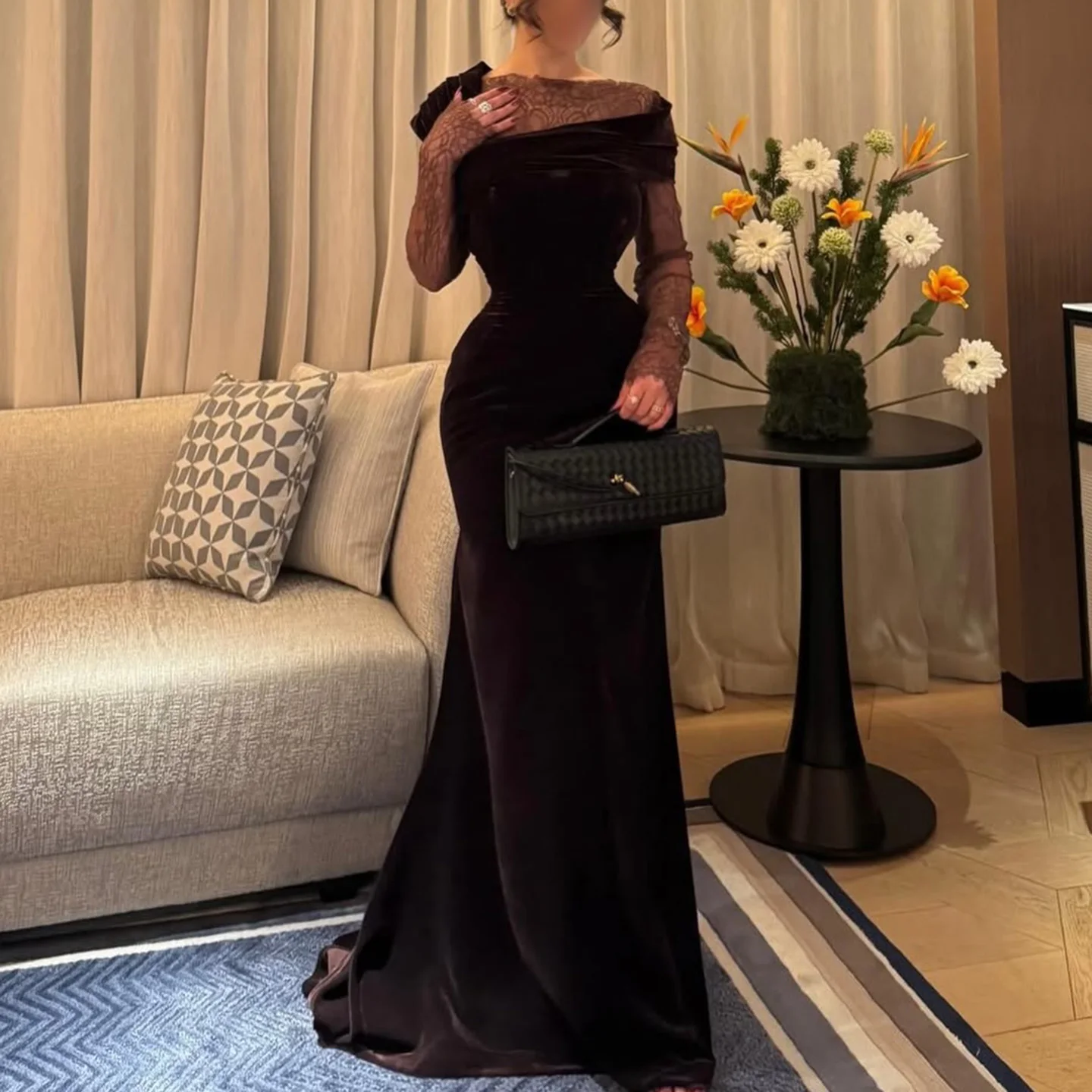 

FOLOBE O-Neck Brown Elegant Mermaid Velvet Evening Dress with Pleated Long Sleeves Wedding Dresses Prom Gown Customized