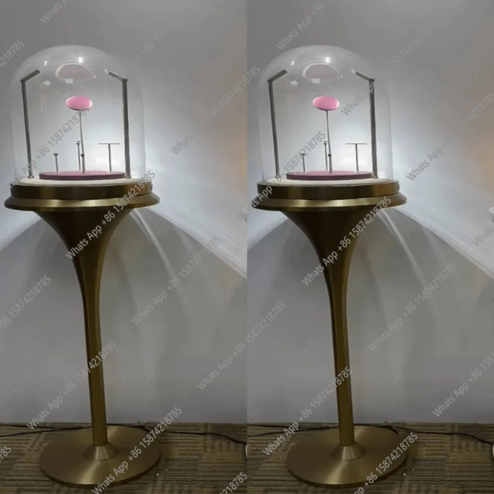 

Stainless steel luxury jewelry display cabinet round glass cover table crafts
