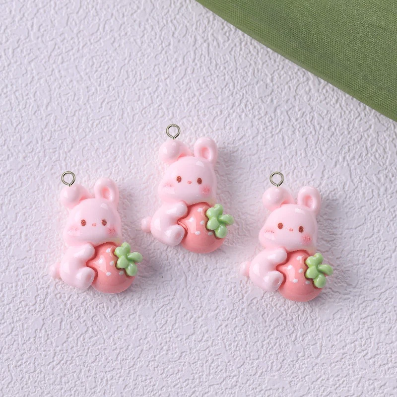 10Pcs Kawaii Strawberry Rabbit Resin Charms Lovely Cartoon Animals Flatback Pendants for Jewelry Earrings Making DIY Keychains