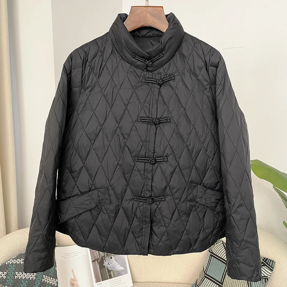 Chinese Style Buckle Design Fashionable Autumn Winter Thickened Down Jacket Women's Casual Loose Warm Jacket 90% White Duck Down