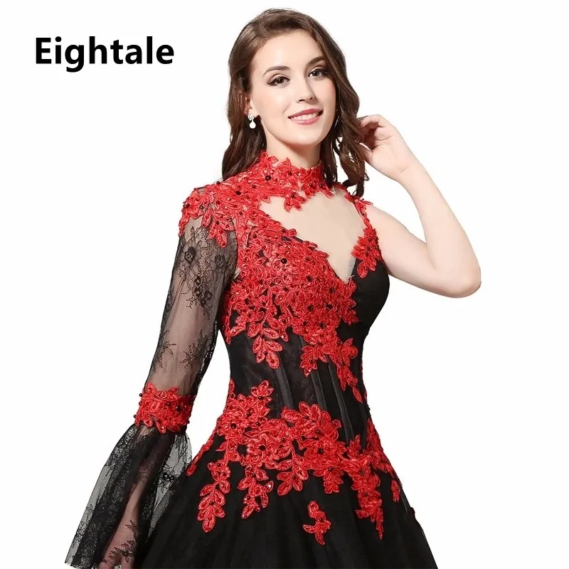 Eightale 2022 Victorian Gothic Masquerade Wedding Dress Applique Lace Beaded Long Sleeve Red and Black Ball Gown Bridal