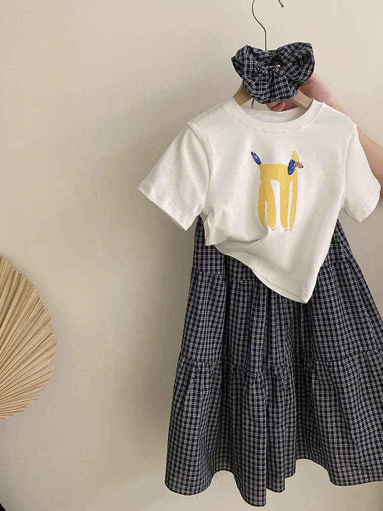 

Girls Summer Cartoon Print Round Neck Short SleevesTWomen's T-shirt2025Versatile Plaid Skirt Two-Piece Set Trendy
