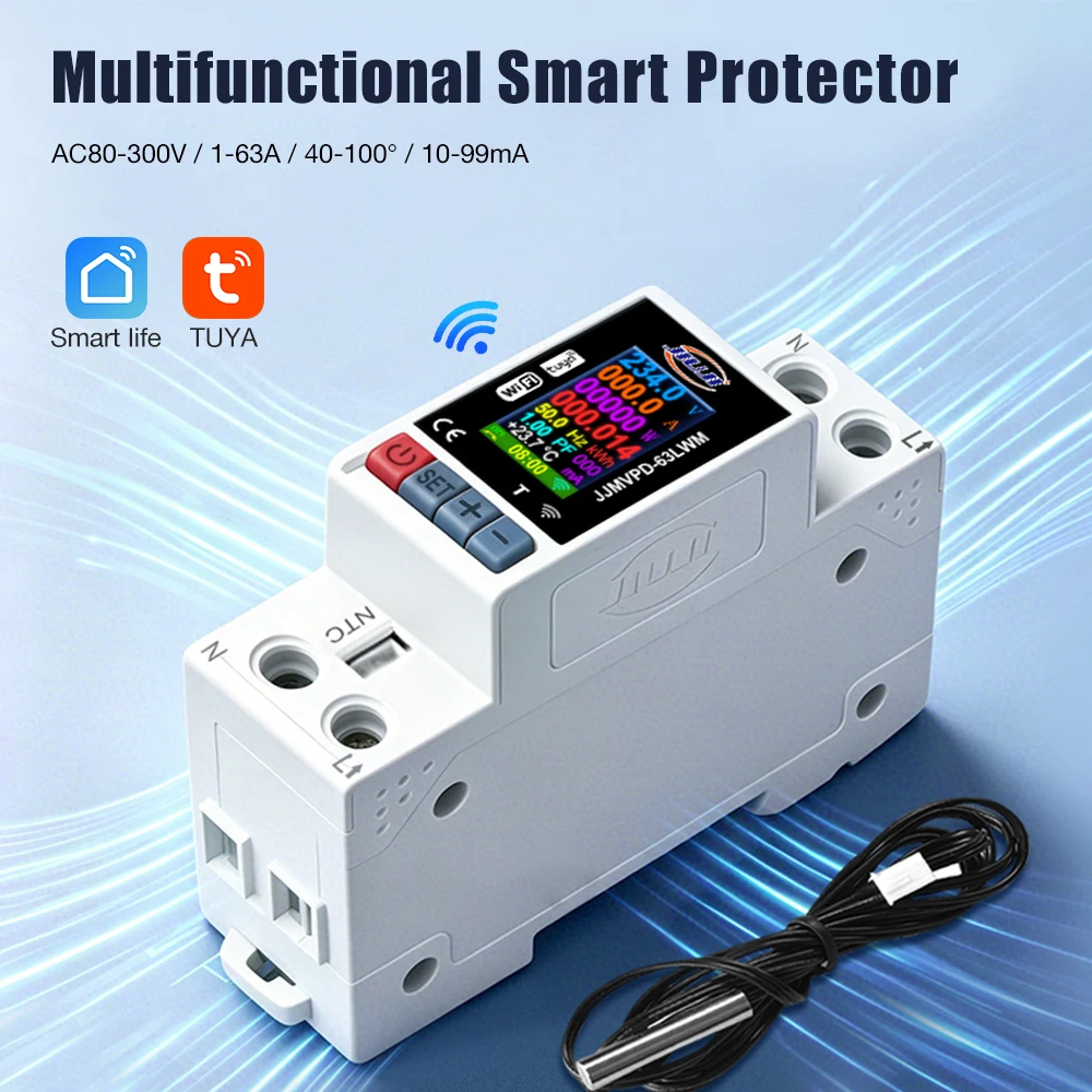 8 In 1 Tuya WiFi Smart Energy Meter Earth Leakage Protection AC80-300V Voltage Current KWh Power Consumption Monitor APP Control