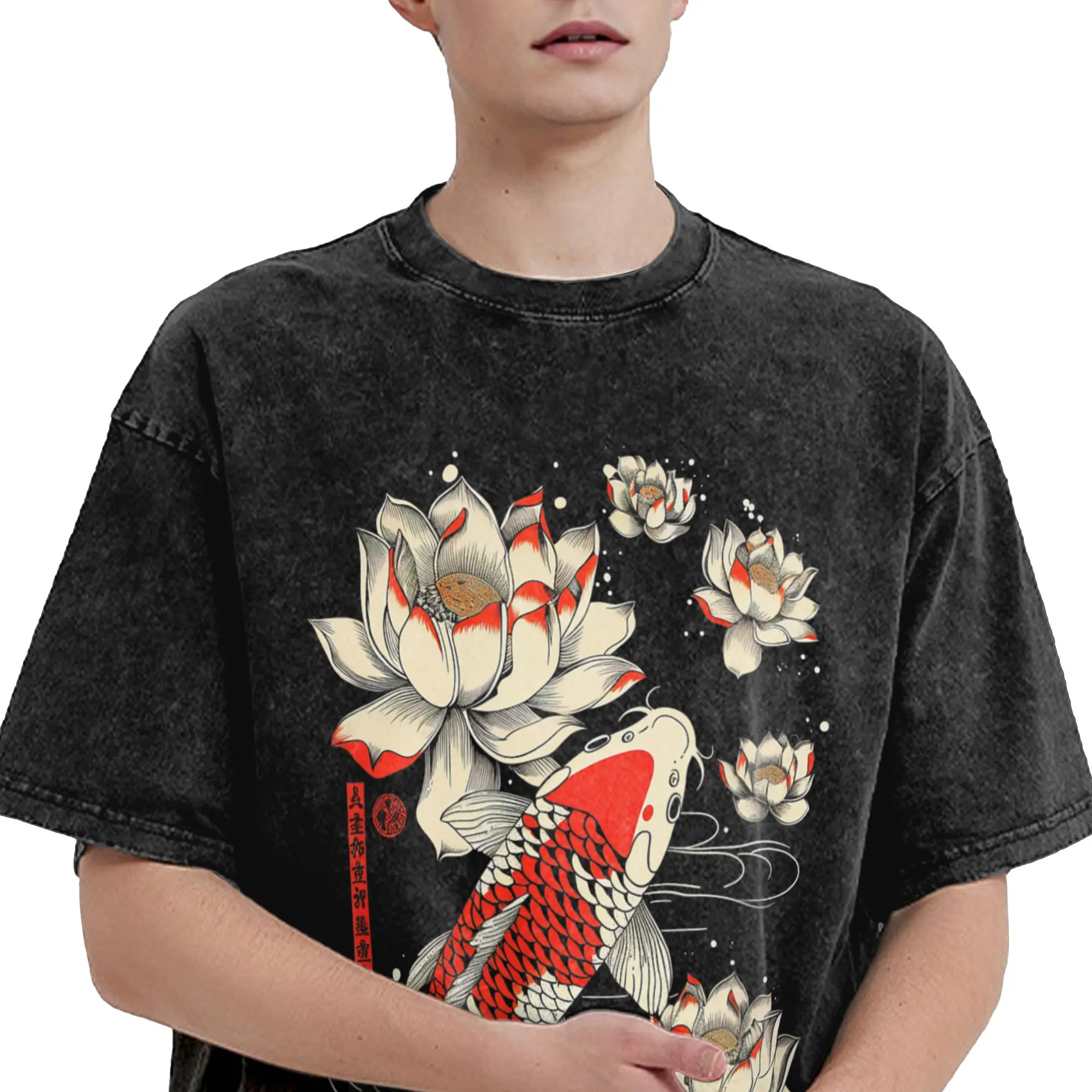 Japanese Koi Fish Lotus Flowers T Shirts Washed Short Sleeve Street T-Shirts  Vintage Men Women Streetwear Summer Tee Shirt