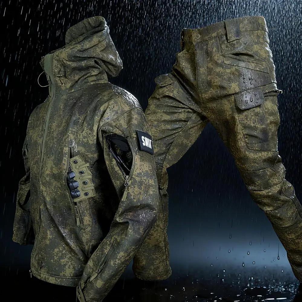 야외 위장 소프트쉘 어설트 슈트 방풍 방수 전술 사격 후드 재킷 바지 내구성 등산복