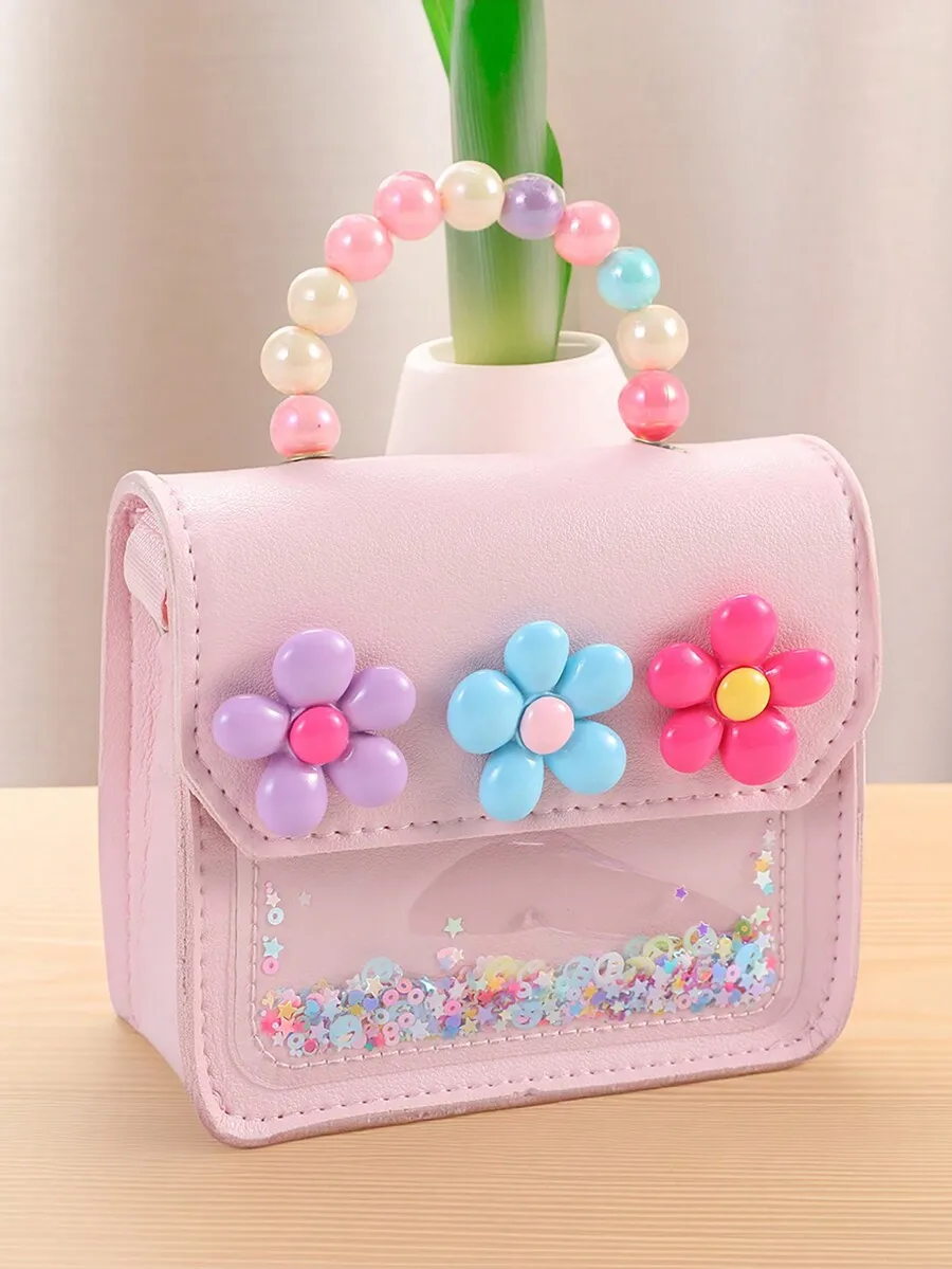 

Пастельно-розовая мини-сумка с цветочным принтом и жемчужной ручкой для девочек