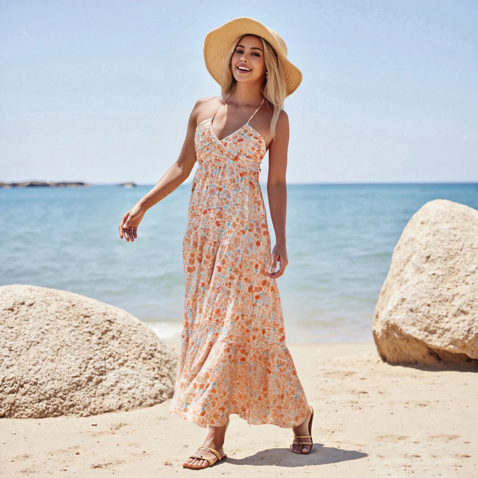 2025 Sexy Women's Halter Long Dress Fashion Ladies Sleeveless Deep V Neck Solid Color/Floral Print Slim Dress Summer Beach Dress