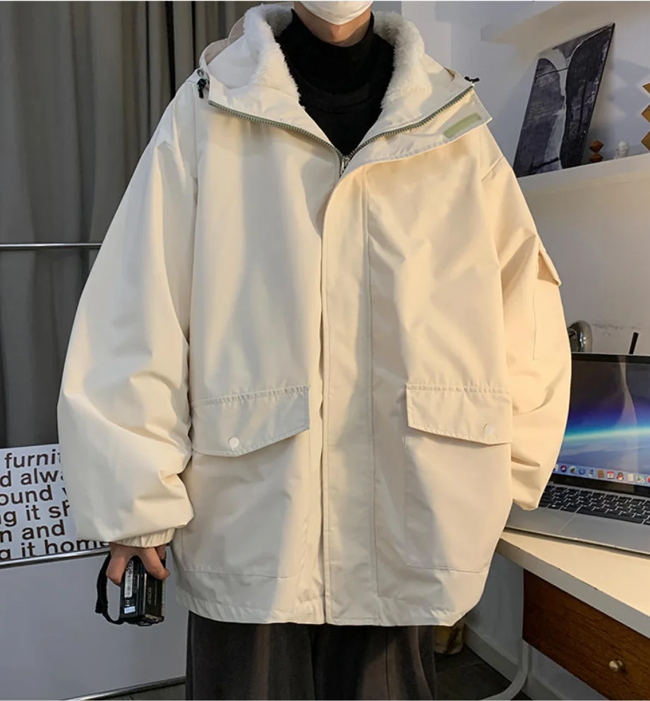 Koeran Style 2 Piece Set Mens Heavy Fleece Jacket for Winter Waterproof Cotton Padded Thermal Outdoor Clothes Hooded Zipper Coat