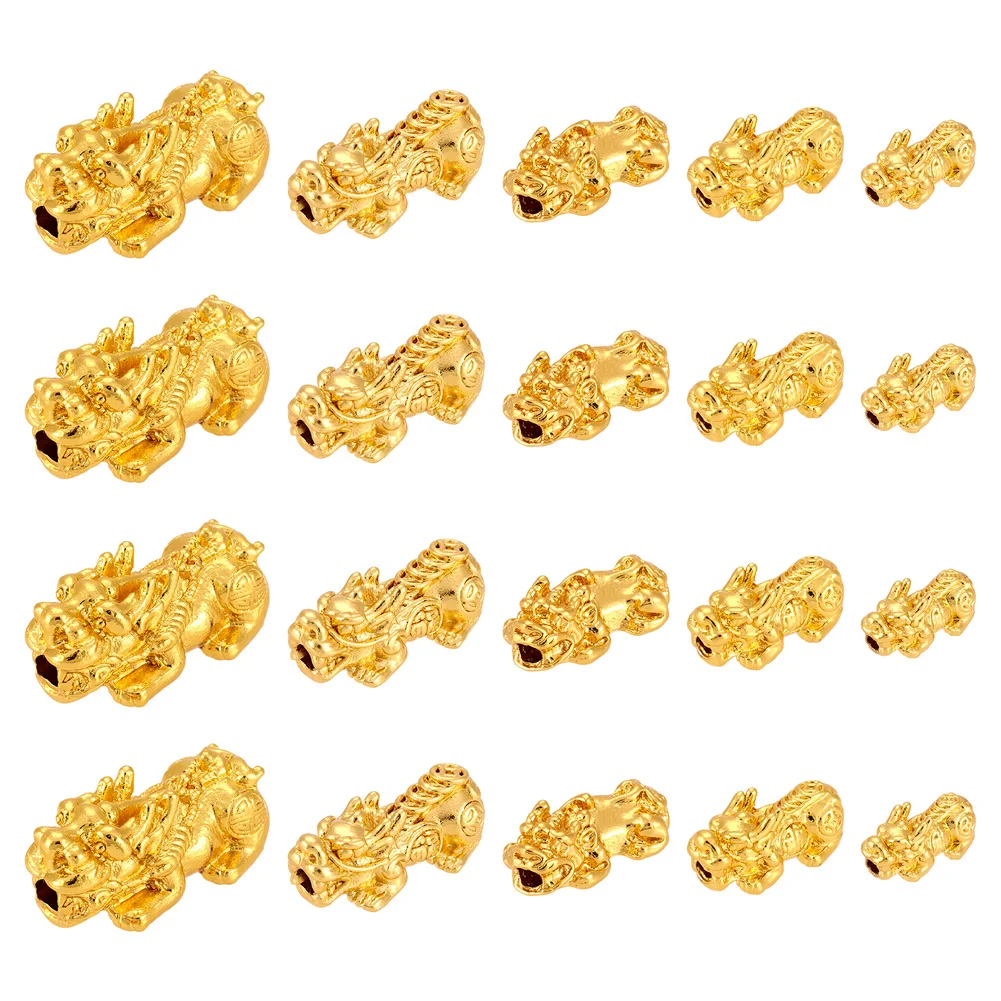 20pcs/Box Golden Pixiu Beads with Chinese Character Cai Alloy Loose Beads For Jewelry Bracelet DIY Crafts Making Accessories