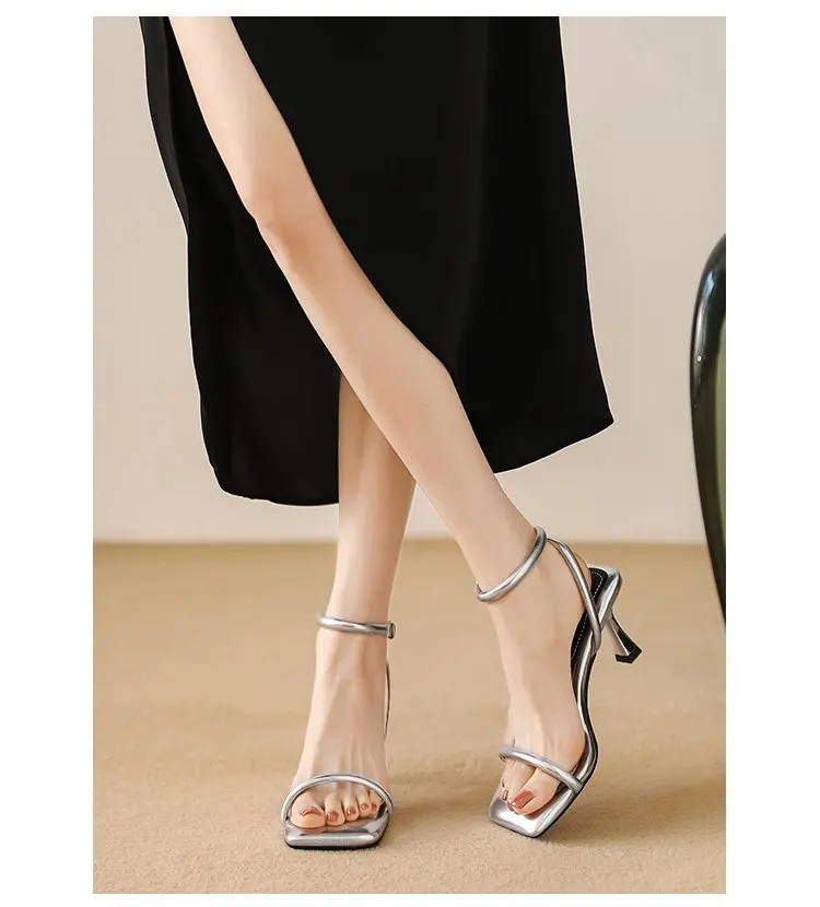 2024 Black Ankle-Strap Buckle Sandal Summer Square Toe Ladies Stiletto High Heel Shoes Sexy Solid Thin Band Sandalias