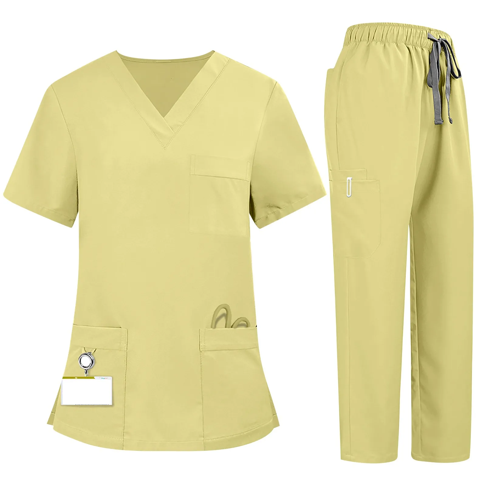 Uniforme de enfermera médica Unisex, ropa de trabajo, tela de secado rápido, Color sólido, cuello en V, pantalones cortos con bolsillo, conjunto de pantalones superiores