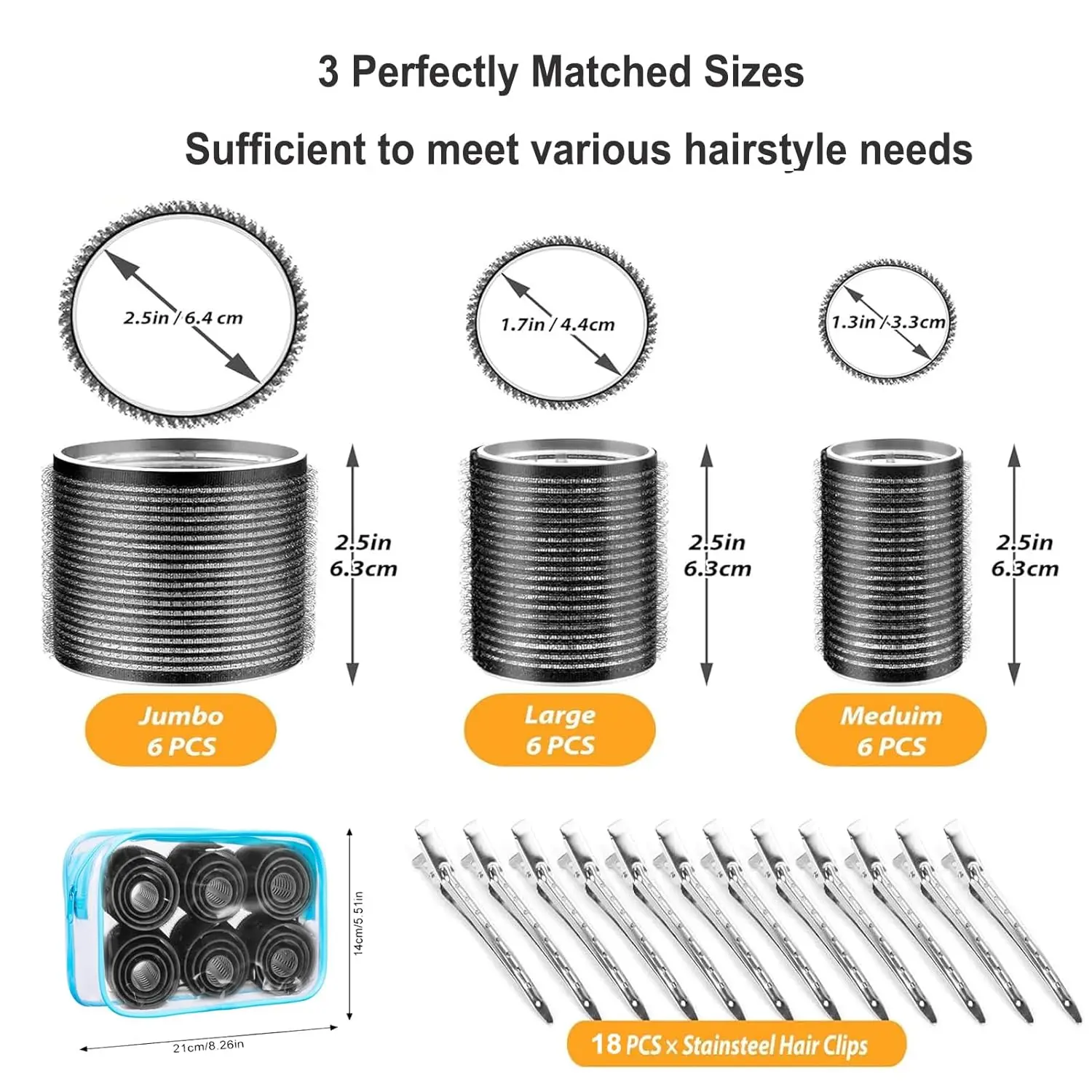 طقم مكواة تجعيد حرارية مكون من 18 قطعة، 3 مقاسات مع 18 مشبكًا ومشط واحد، فيلكرو ذاتي القبضة للصالونات والسفر