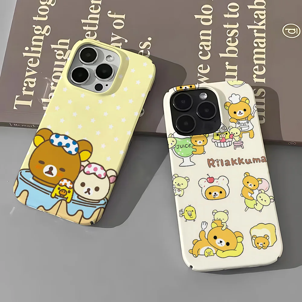 Cartoon Cute Rilakkumas custodia per telefono per iPhone 16 15 14 13 12 11 Pro Max XS XR XSMax 6 7 8 Plus Cover rigida lucida per PC HD