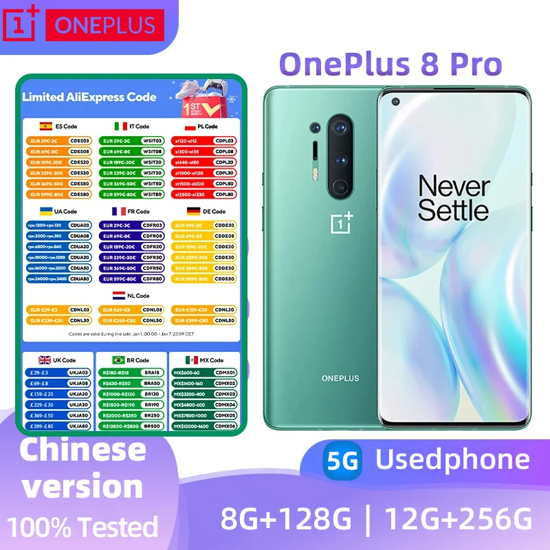 OnePlus 8 Pro 5G Mobile Phone Snapdragon 865 SIM NFC 6.78'' 128GB/256GB ROM 48MP+16MP Original used phone