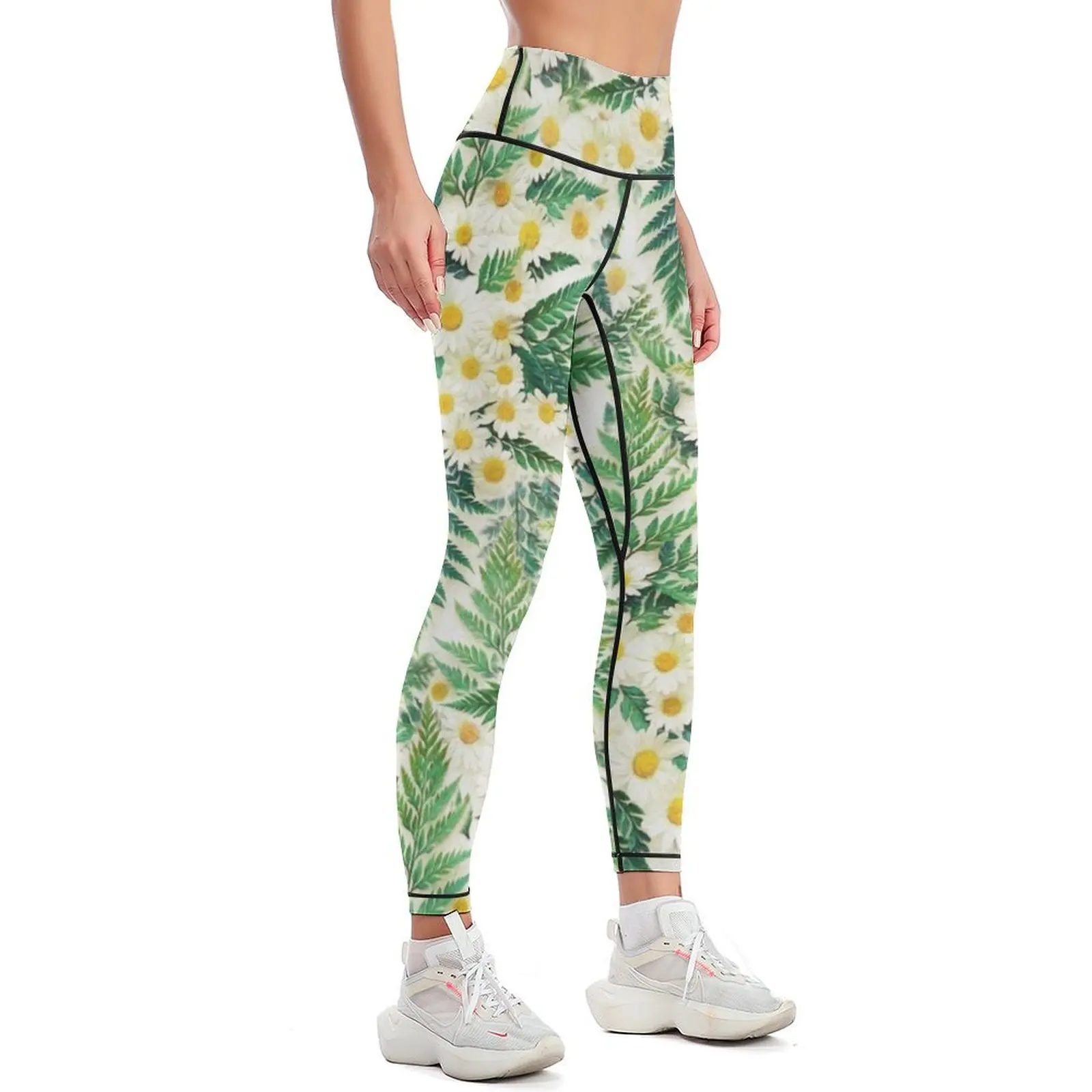 Textured Vintage Daisy and Fern Pattern Leggings Jogger pants gym pants harem pants Fitness clothing Womens Leggings