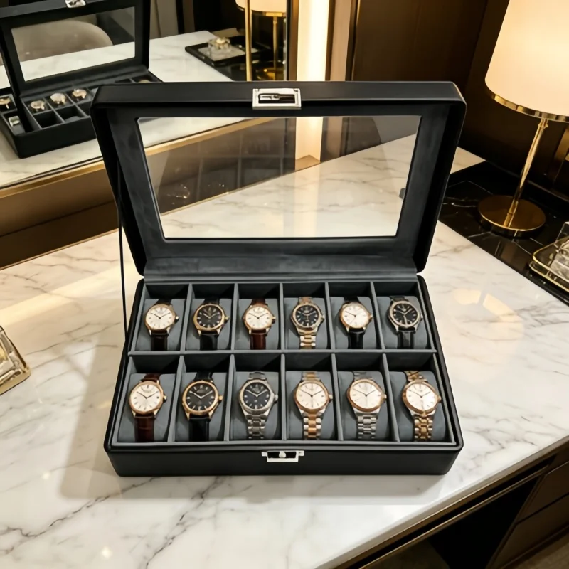 

Watch Box 12 Slot Leather Lockable Clear Window, Men Watch Storage Organizer + 6 Self-Closing Bags
