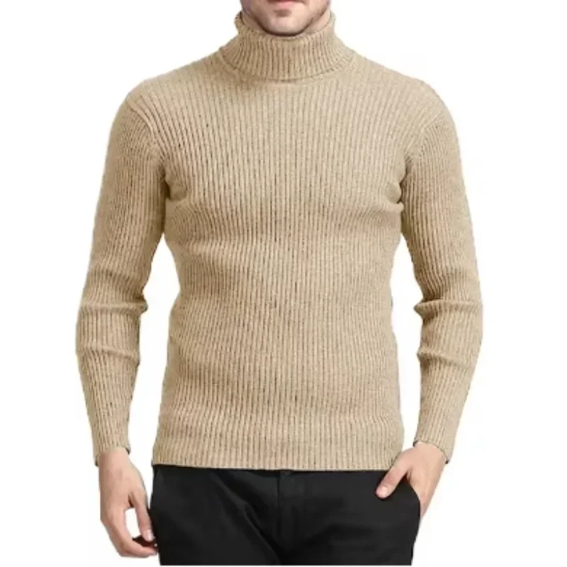 New Men's Turtleneck Sweaters Autumn Knitted Striped Streetwear Warm Long Sleeved Pullover Breathable Solid Color Basic Coat