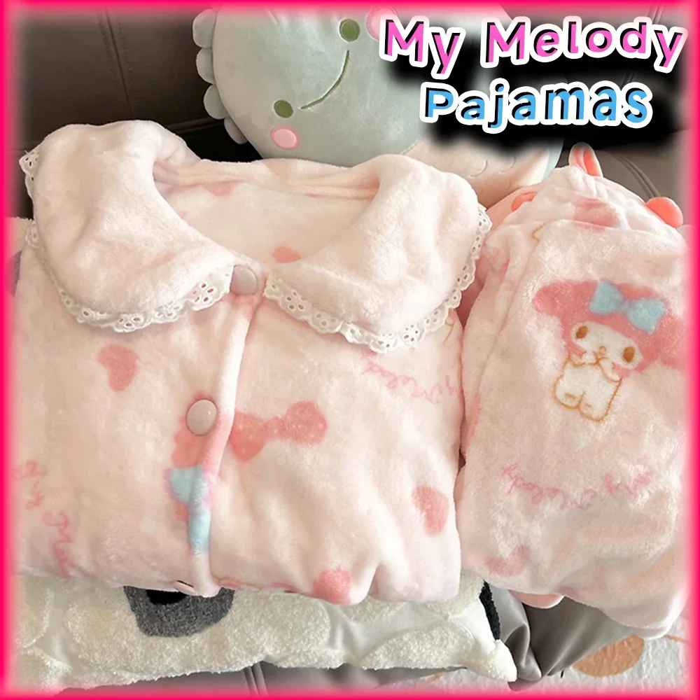 Kawaii My Melody Women Thicken Fleece Pajamas Two Picec Set Sanrio Anime Clothes Cute Fashion Soft Plush Loungewear with Pants