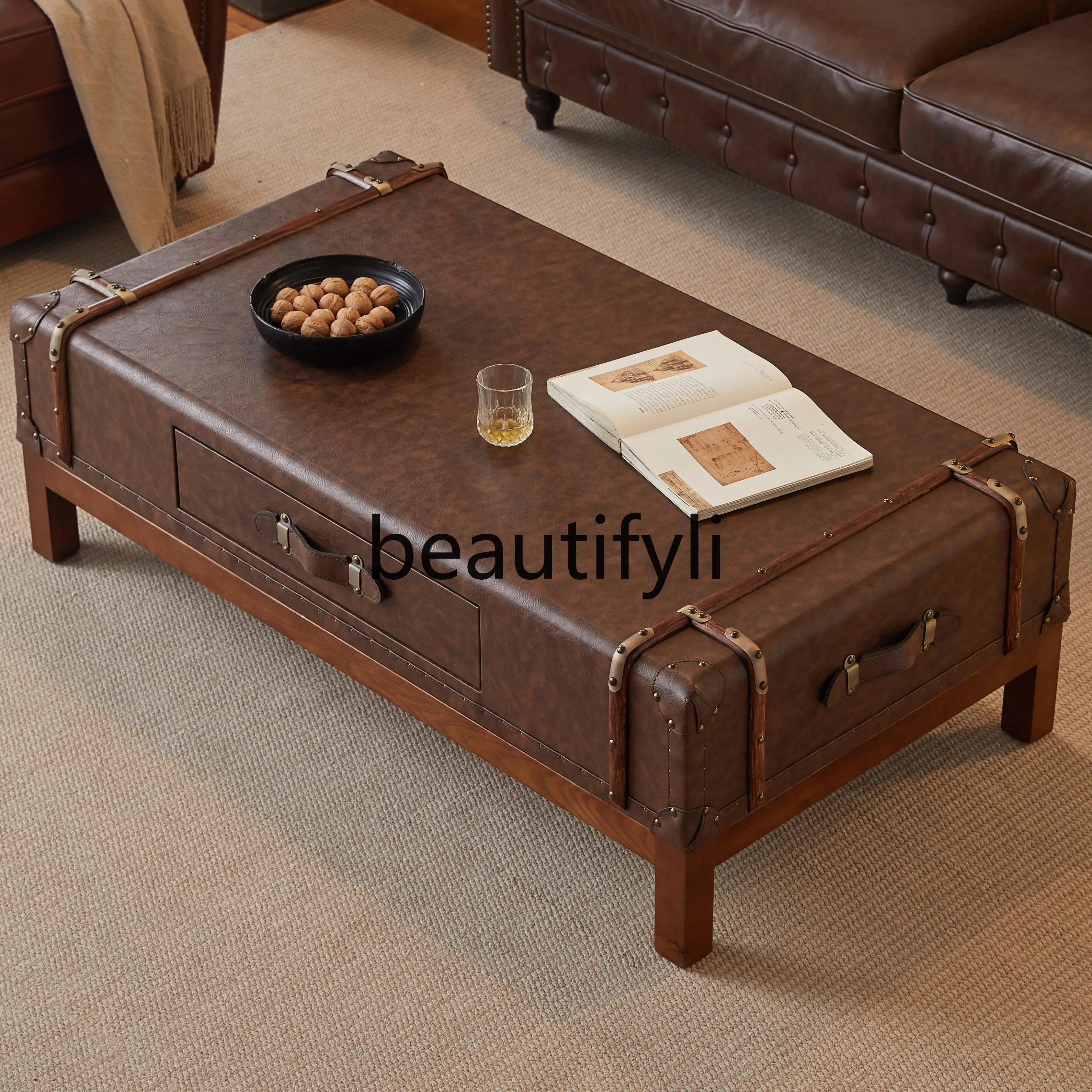 

French medieval coffee table solid wood rattan leather retro leather box coffee table American high-end