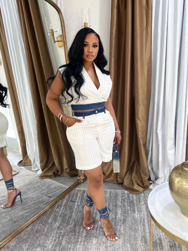 

Three Sisters Fashion Women's Dress Splice Sleeveless Vest Shorts Two Piece Set Elegant Temperament Commuter Set Wholesale