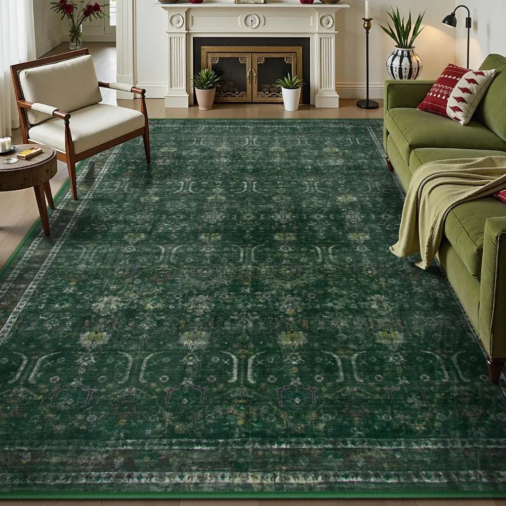 

Moynesa Green 8x10 Living Room Rug, Vintage Washable Area Rug for Bedroom Dining Room Office, Low Pile Soft Non-Slip Retro Accen