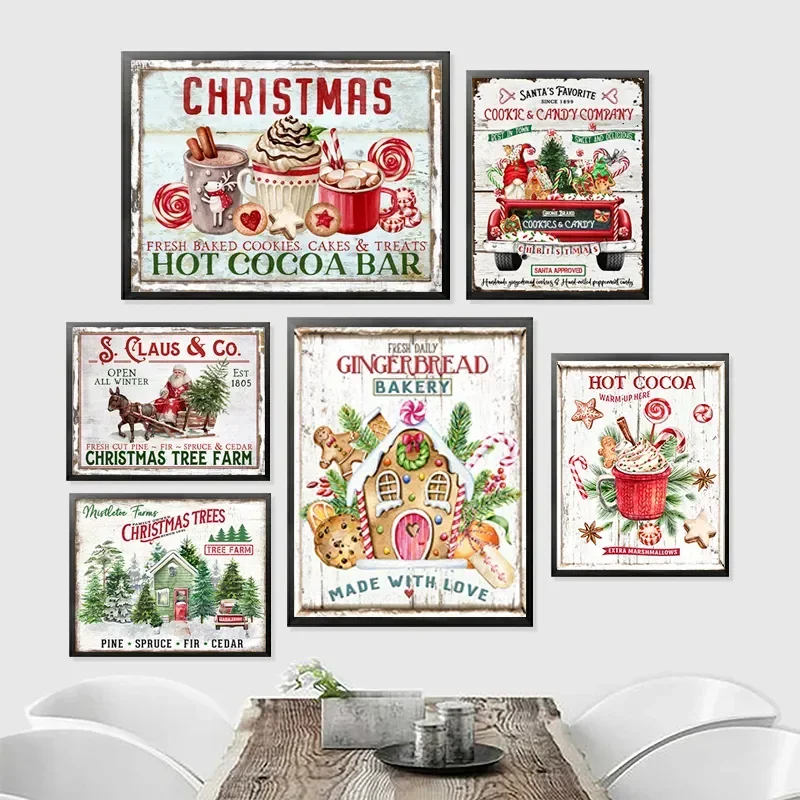 Kitchen Christmas Wall Art Print Hot Chocolate Candyland Express Gingerbread Bakery Sign Poster Vintage Canvas Painting Decor