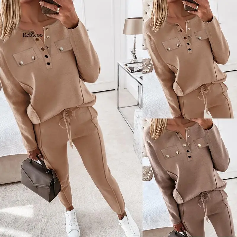 Spring V Neck Buttoned Pocket Loose Long Sleeve Sweatshirts Women Training suit Drawstring Fitness Pants Set Sportswear