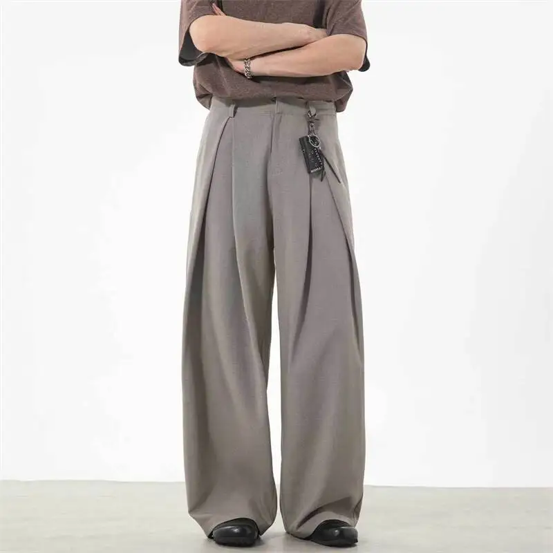 Streetwear Men's Pleated Design Suit Pants Voluminous Wide Leg Loose Casual Streetwear Breathable Straight Trousers
