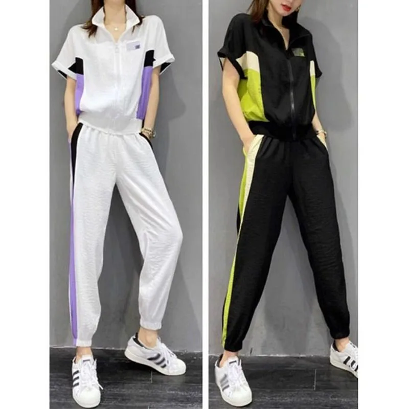 Korean Commuter Summer New Women\'s Turn-down Collar Spliced Zipper Contrast Color Fashion Loose Short Sleeve Elastic Pants Sets