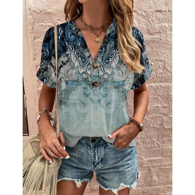 Blusa informal con estampado para mujer, cseta hoada de estilo callejero, Top con botones, cuello en V, manga corta de p...