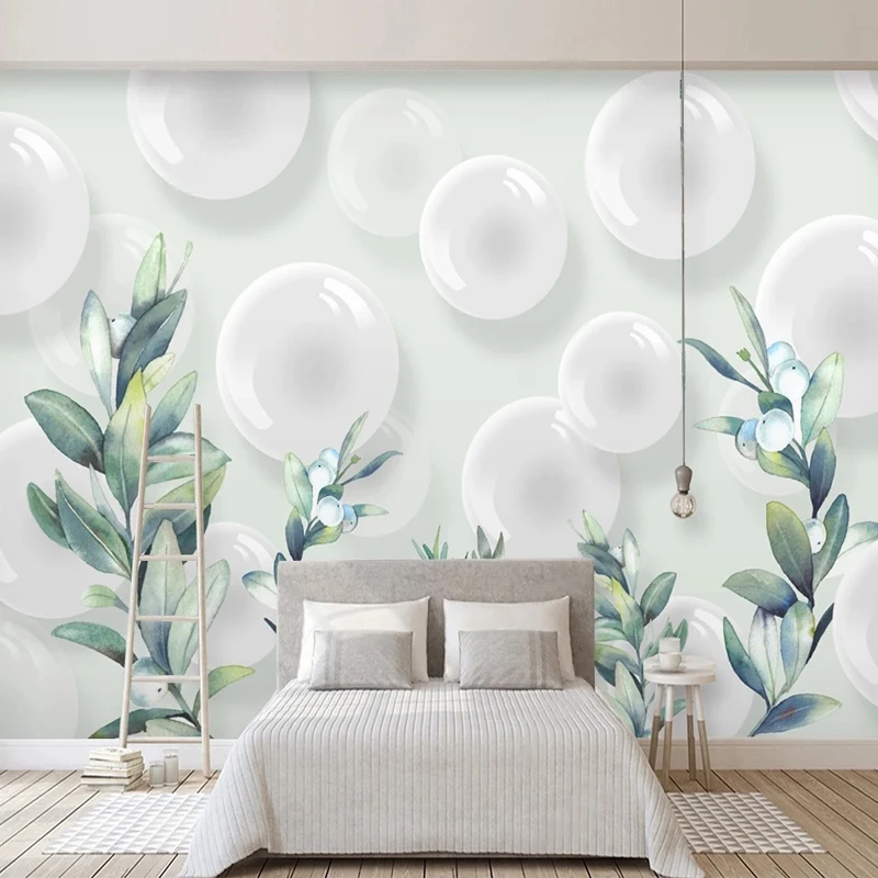 Custom Any Size Modern 3D White Spherical Ball Plant Leaves Photo Mural Non-woven Wallpaper Living Room TV Backdrop Wall Decor