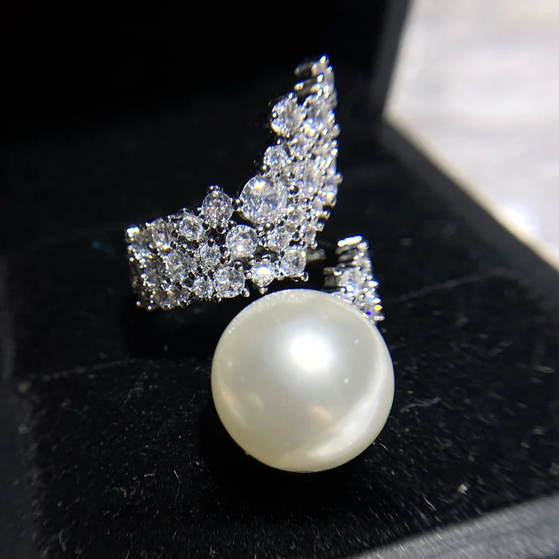 

MDLFES French australian white pearl full diamond ring female openings High-class feeling shell beads index ring