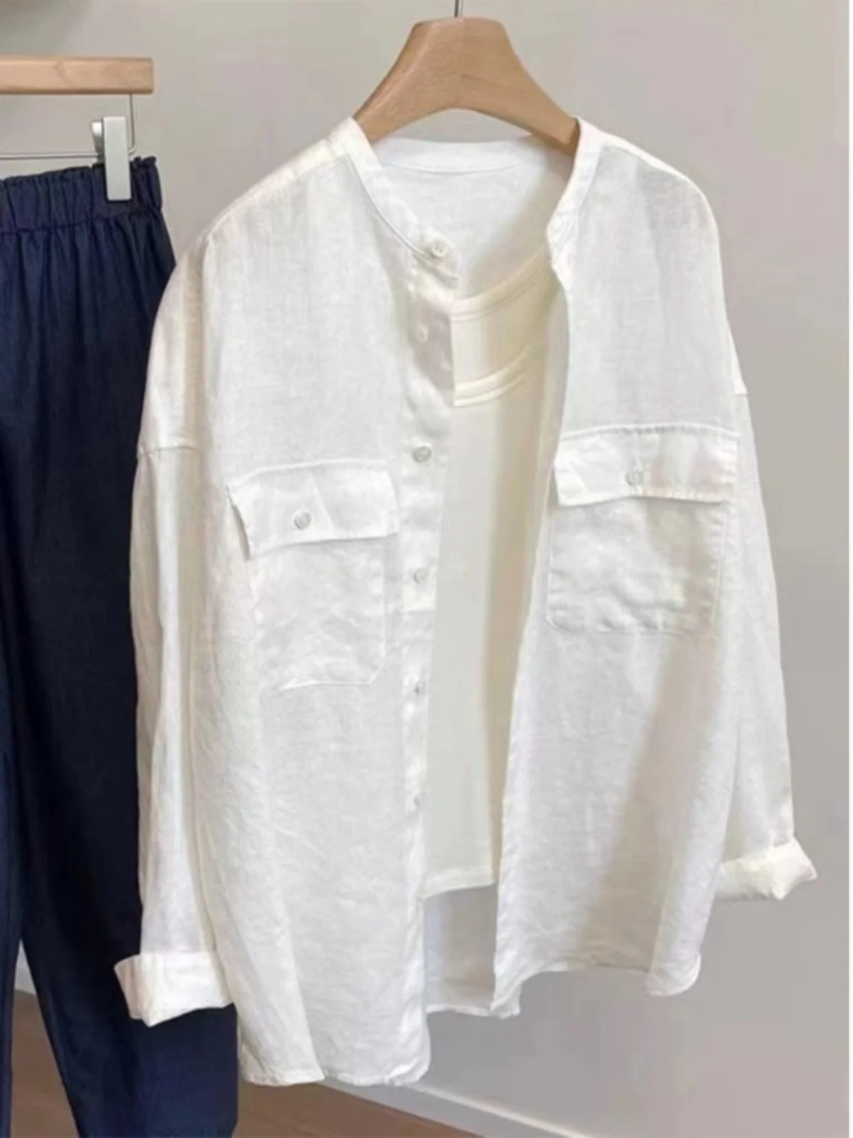 

Белый хлопковый льняной тюнер, женский весенне-осенний свободный повседневный круглый Ne Long Sve, льняной открытый кардиган с защитой от солнца