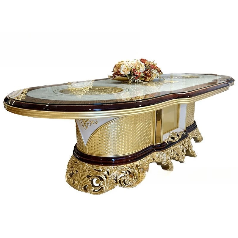 

European solid wood dining table rectangular French court dining table dining chairs, high-end luxury gold long table luxury