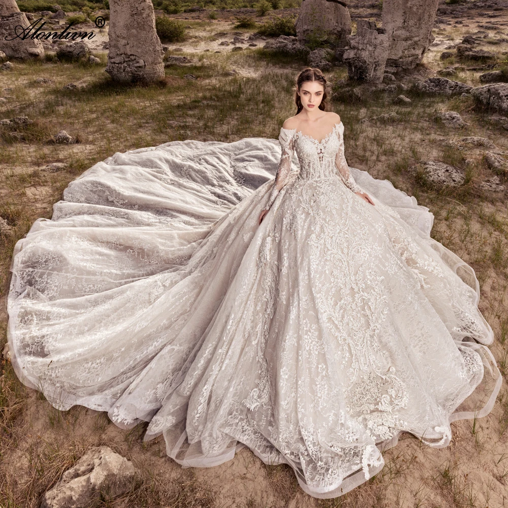 Alonlivn-Robe de Rhbouffante en dentelle exquise, robes de mariée, train royal, appliques de perles, manches longues, dos de mariée, quoi que ce soit