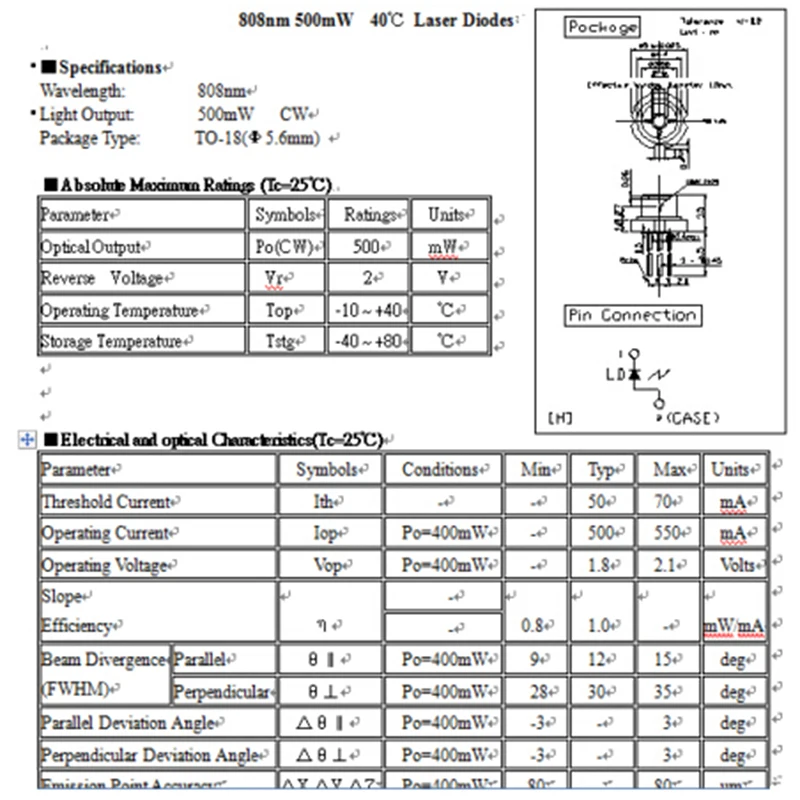 1Pc 808nm 500mW Laser Diode/TO18 (5.6mm) No PD High Quality