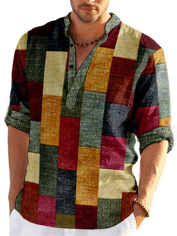 

Trendy Men's Bamboo Rayon Slim Fit Long Sve irt Thin Color Blo Print Casual Faion Top Breathable Comfortable Linen S...