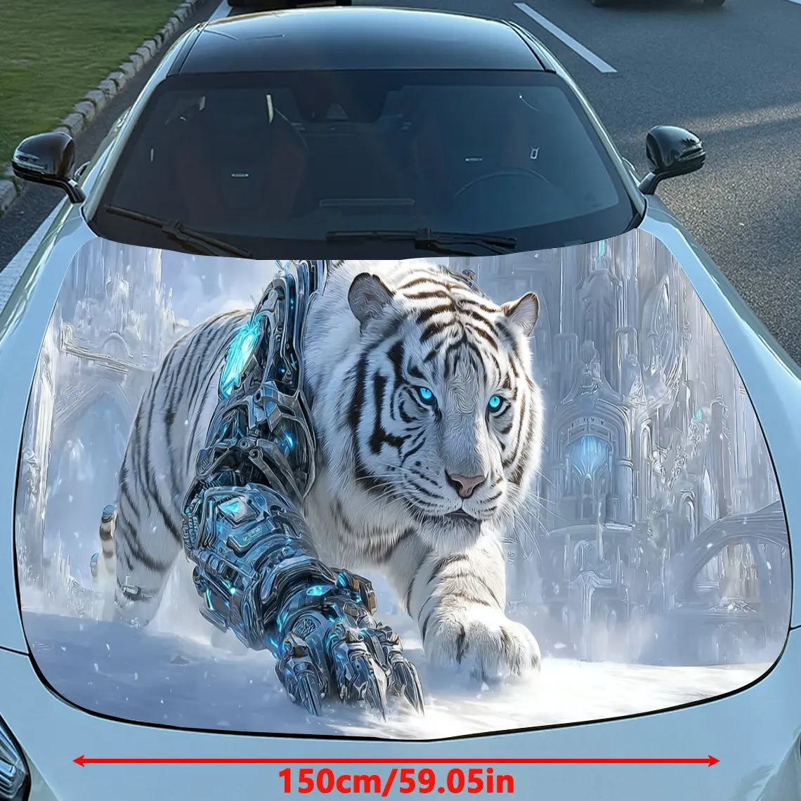 Cyber Ice Field Mechanical White Tiger Car Vinyl Wrap, PVC Material Waterproof Car Hood Sticker, Self-Adhesive Scratch-Resistant