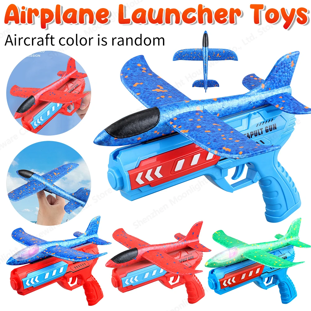 Airplane Launcher Toys Children Foam Plane Launcher Shoot Roundabout Plane Catapult Gun Toy Outdoor Sports Flying Toy Kids Gift