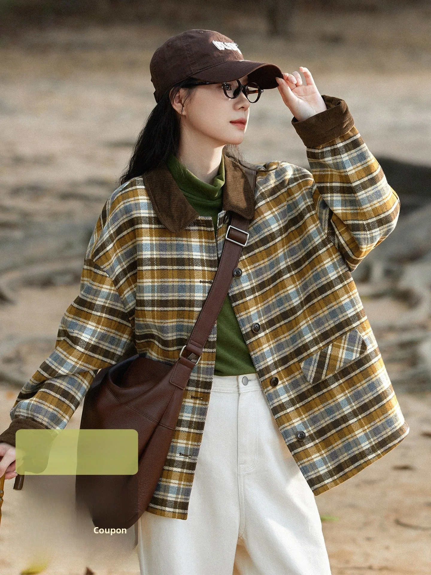 Thickened Yellow Cotton Jacket Women's Winter Coat Casual Plaid Outerwear Autumn Winter Commute Style Straight Tube Shape