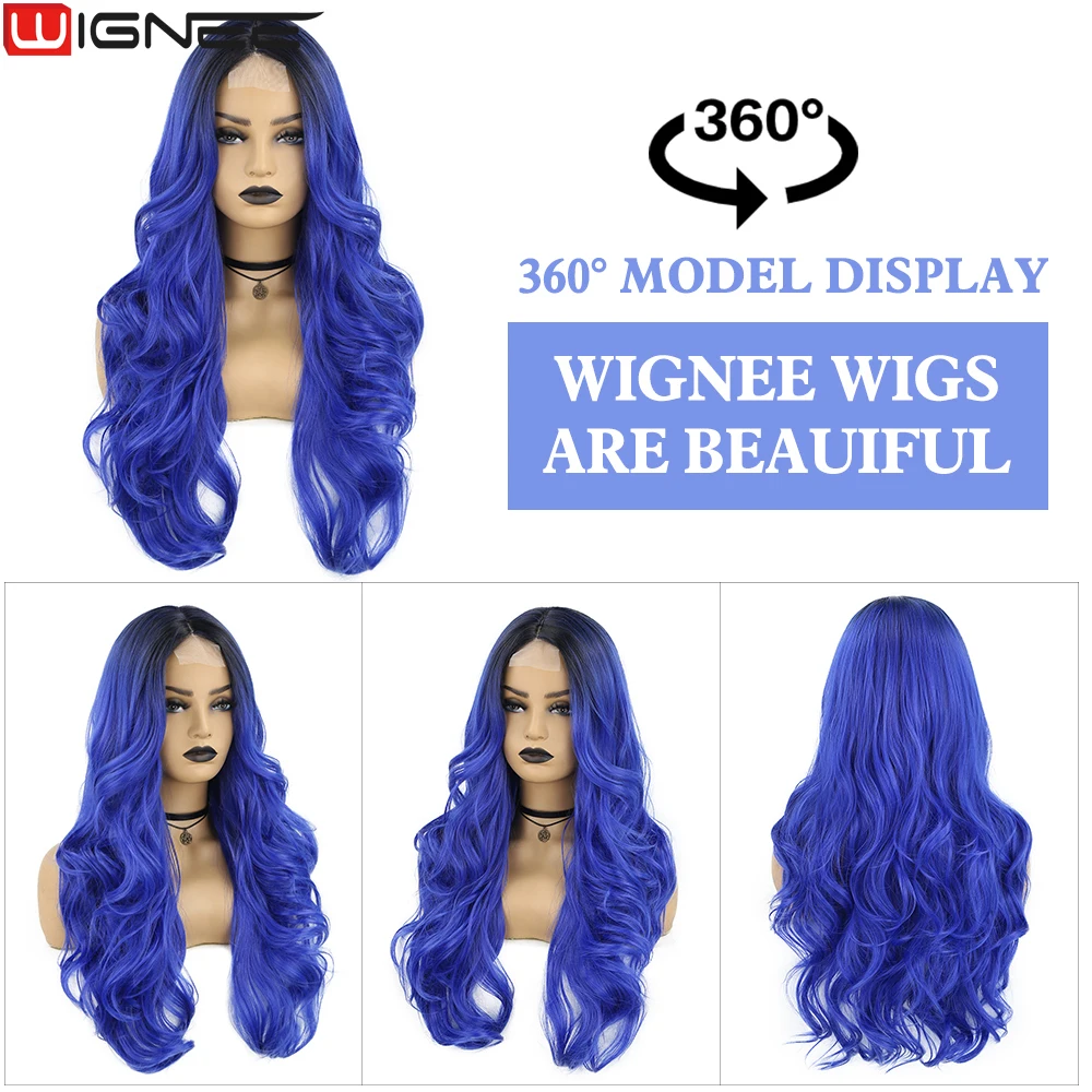 WIGNEE 1B Blue Wig Body Wave Synthetic Hair Lace Wigs For Women Cosplay Wig Long Natural Daily Life Wigs On Sale Clearance