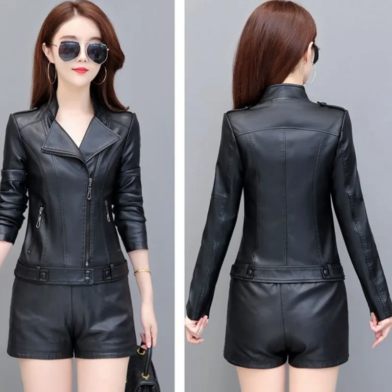 New 2023 Casual Thin Temperament Outcoat  Autumn Winter Women Leather Top Coat Short Slim Outwear Fashion Biker Jacket